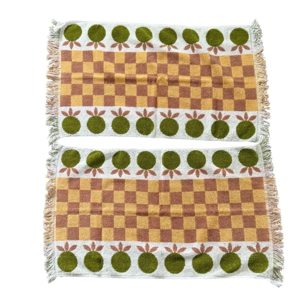 Vintage 1960's Martex Hand Towel Set Lot Pineapple Apple Checkered Retro 70s USA